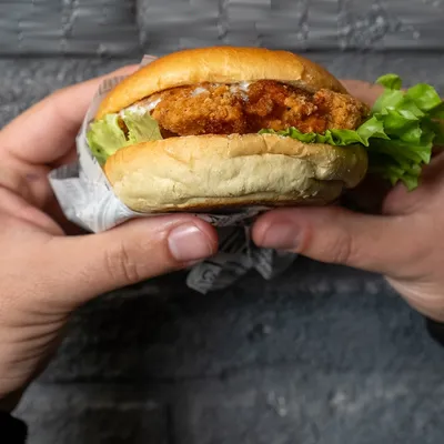Il Nanni's tenuto con due mani: pollo fritto croccante, insalata e maionese